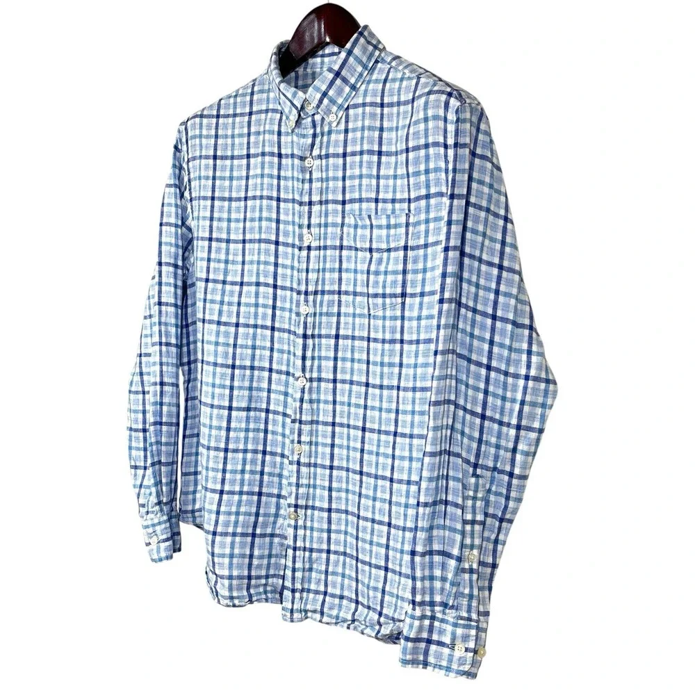 Banana Republic Camden Linen Shirt Mens M Standard Fit Blue Plaid Long Sleeve